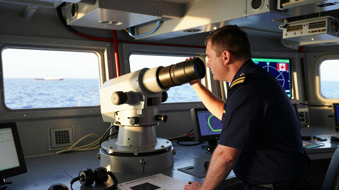 Oficial da marinha observa navio distante através de luneta na ponte de comando de um navio.