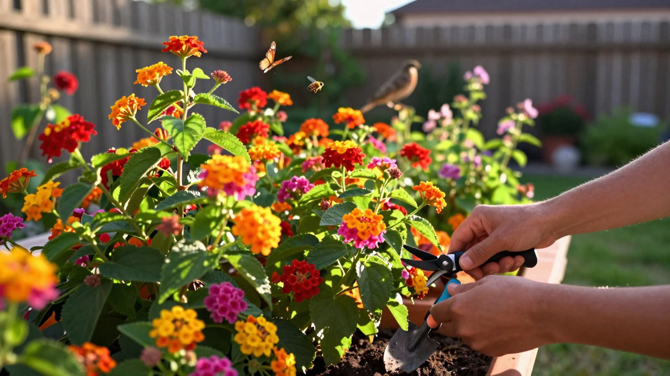 Mãos a cuidar de flores coloridas num jardim, com borboleta e abelha no ar ao fundo.