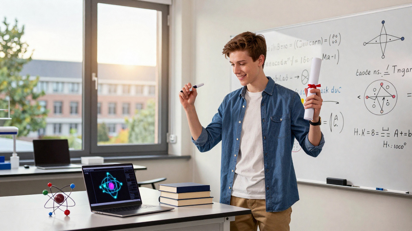 Jovem sorridente com diploma e marcador à frente de quadro branco com fórmulas matemáticas numa sala iluminada.