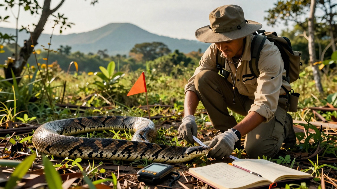 Investigador de campo a medir a cauda de uma cobra piton numa área florestal durante o dia.