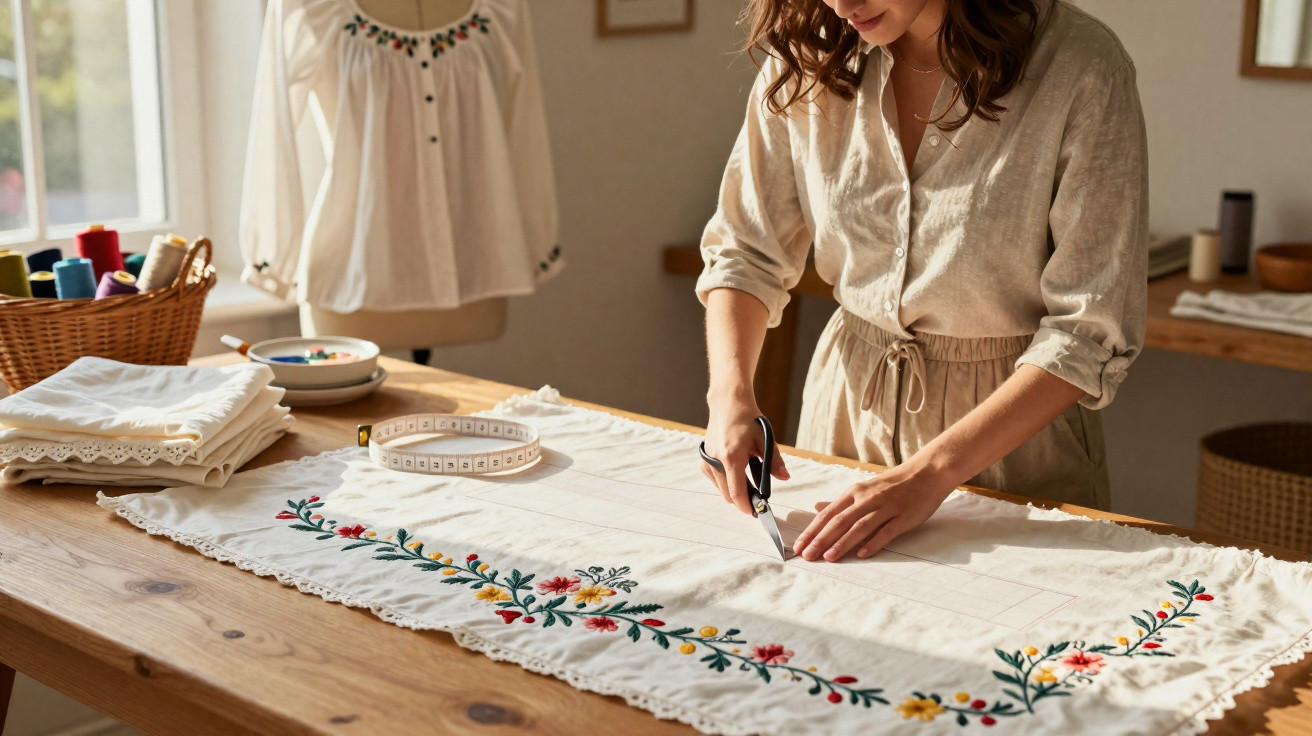 Mulher a cortar tecido branco com bordados coloridos numa mesa de madeira bem iluminada.
