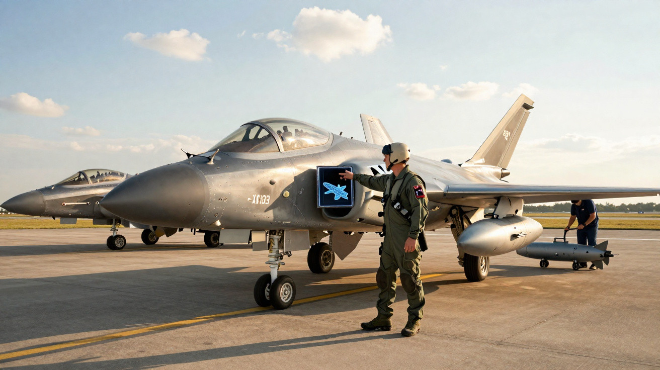 Piloto em fato de voo junto a caça militar cinzento estacionado em pista com outra aeronave ao fundo.