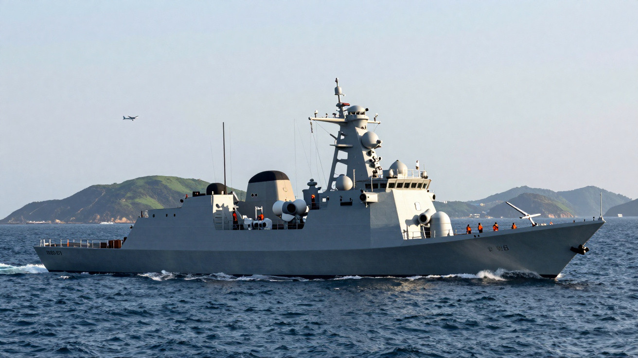 Navio militar cinzento no mar próximo a ilhas com algumas pessoas a bordo e avião ao longe no céu claro.