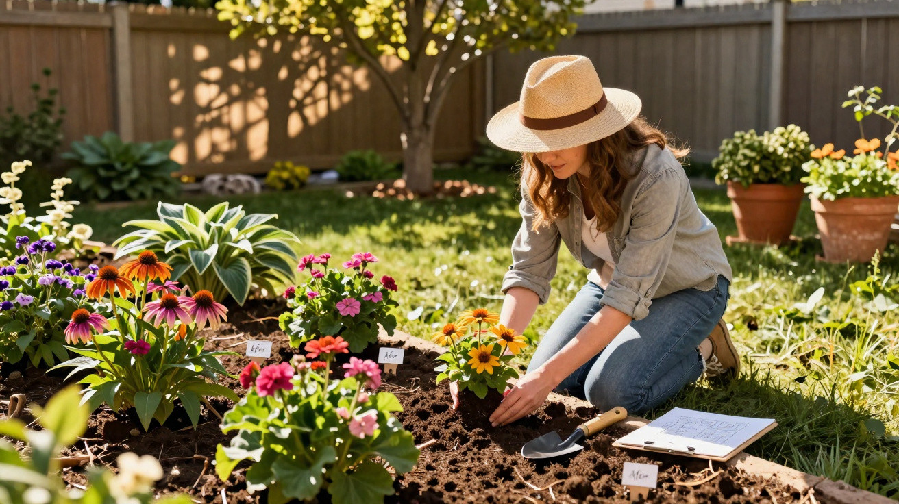 Mulher a jardinar num canteiro com várias flores coloridas num jardim ensolarado.