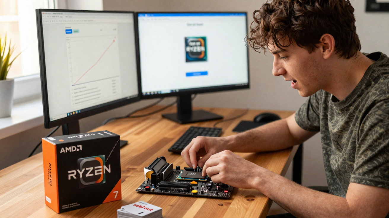 Jovem montando um computador com placa-mãe e processador Ryzen numa mesa de madeira.