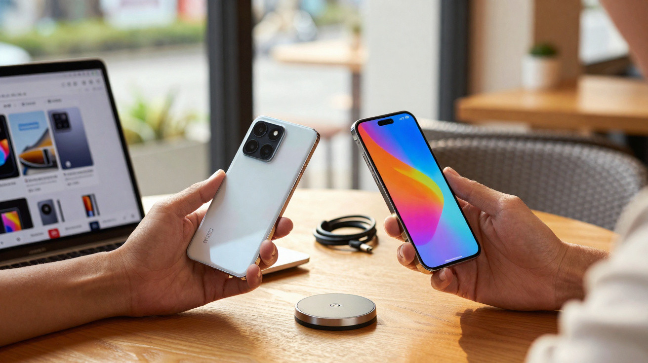 Duas pessoas seguram smartphones modernos numa mesa com computador portátil, cabo e carregador sem fios.