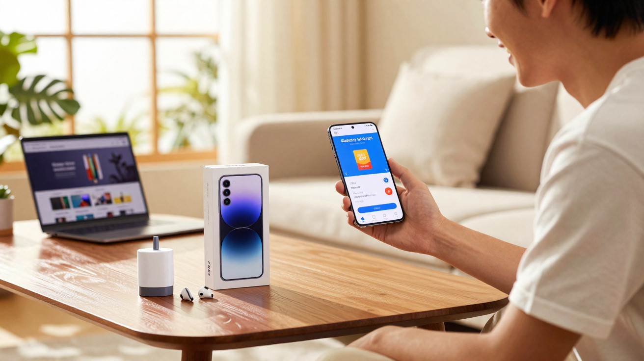 Pessoa a usar um smartphone Galaxy junto a caixa, auscultadores e portátil sobre mesa de madeira.