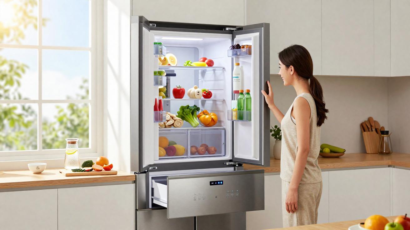 Mulher de cabelo apanhado abre frigorífico inox cheio de frutas e legumes numa cozinha moderna e luminosa.