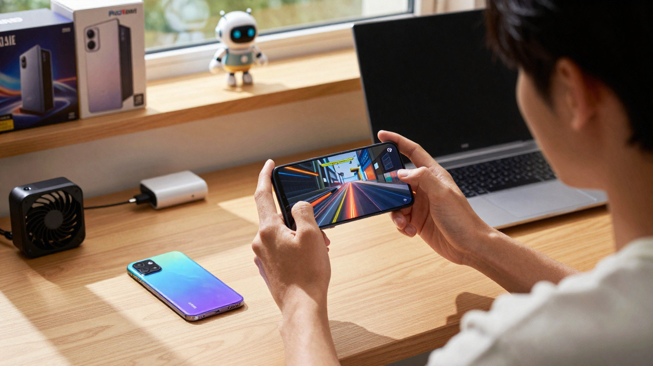 Pessoa a jogar jogo de corrida numa mesa com smartphone, portátil e mini ventilador.