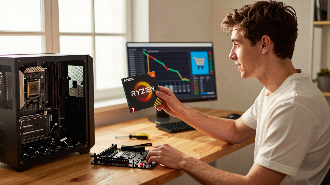 Jovem a segurar processador AMD Ryzen junto a motherboard e caixa de computador numa secretária de madeira.