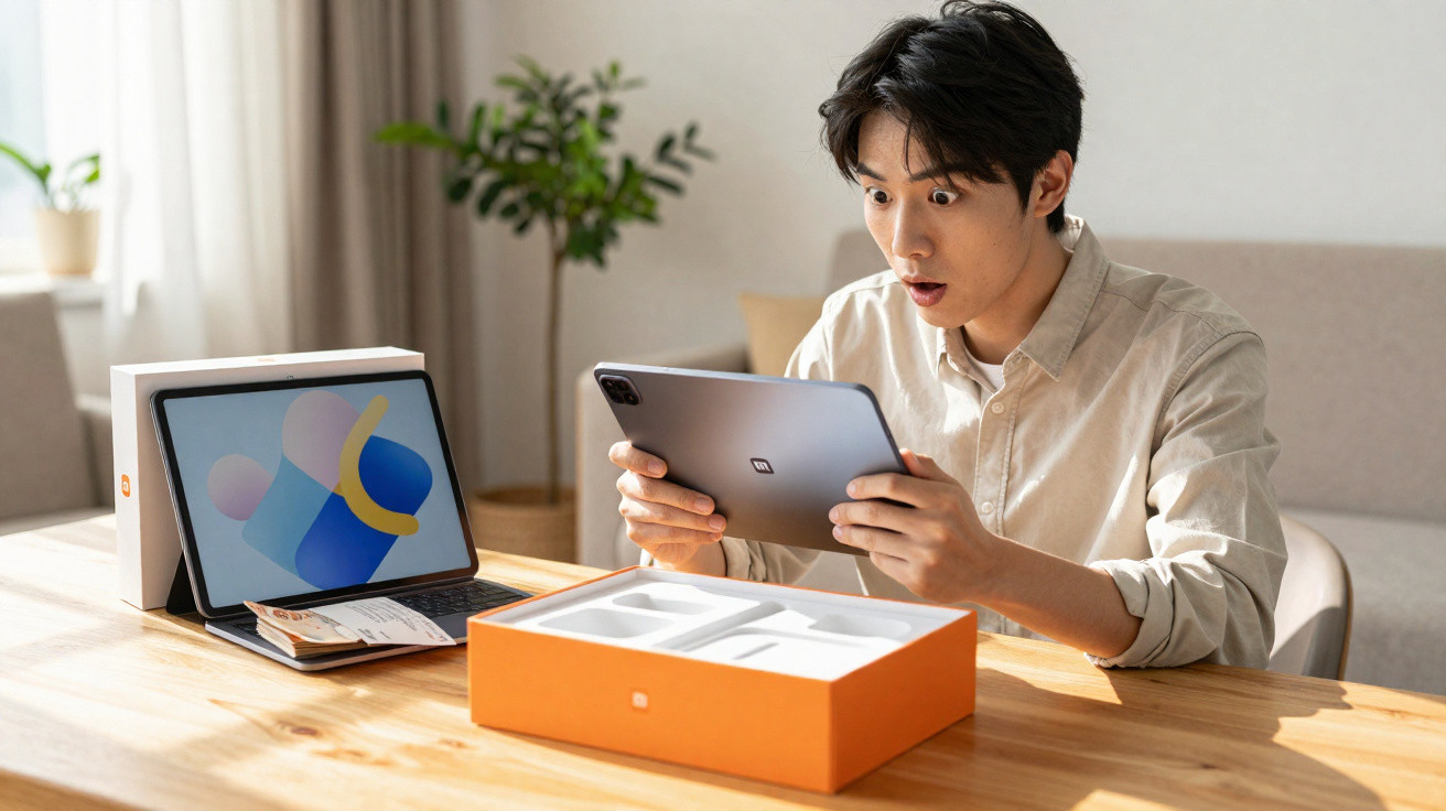 Homem surpreendido a desembrulhar novo tablet Xiaomi sentado à mesa com caixa aberta e dispositivo ao lado.