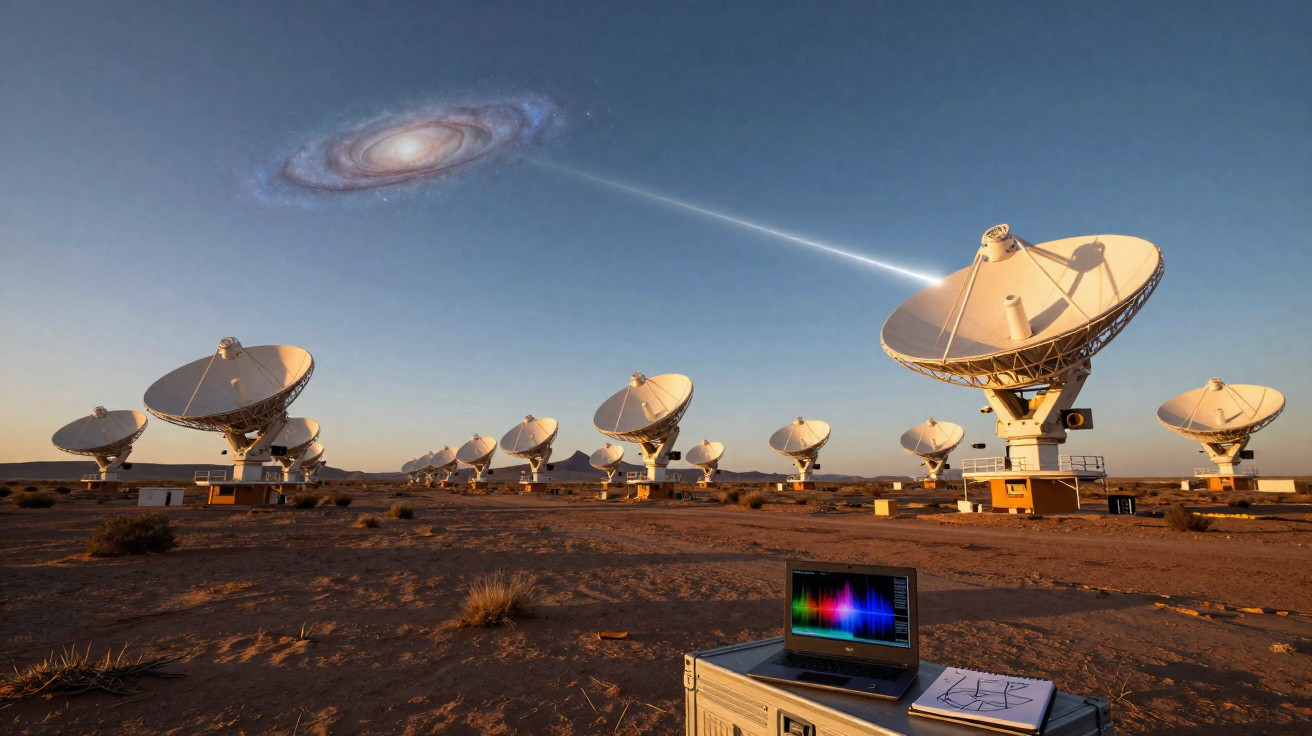 Antenas de radiotelescópios num deserto a captar sinais do espaço com um computador portátil em primeiro plano.