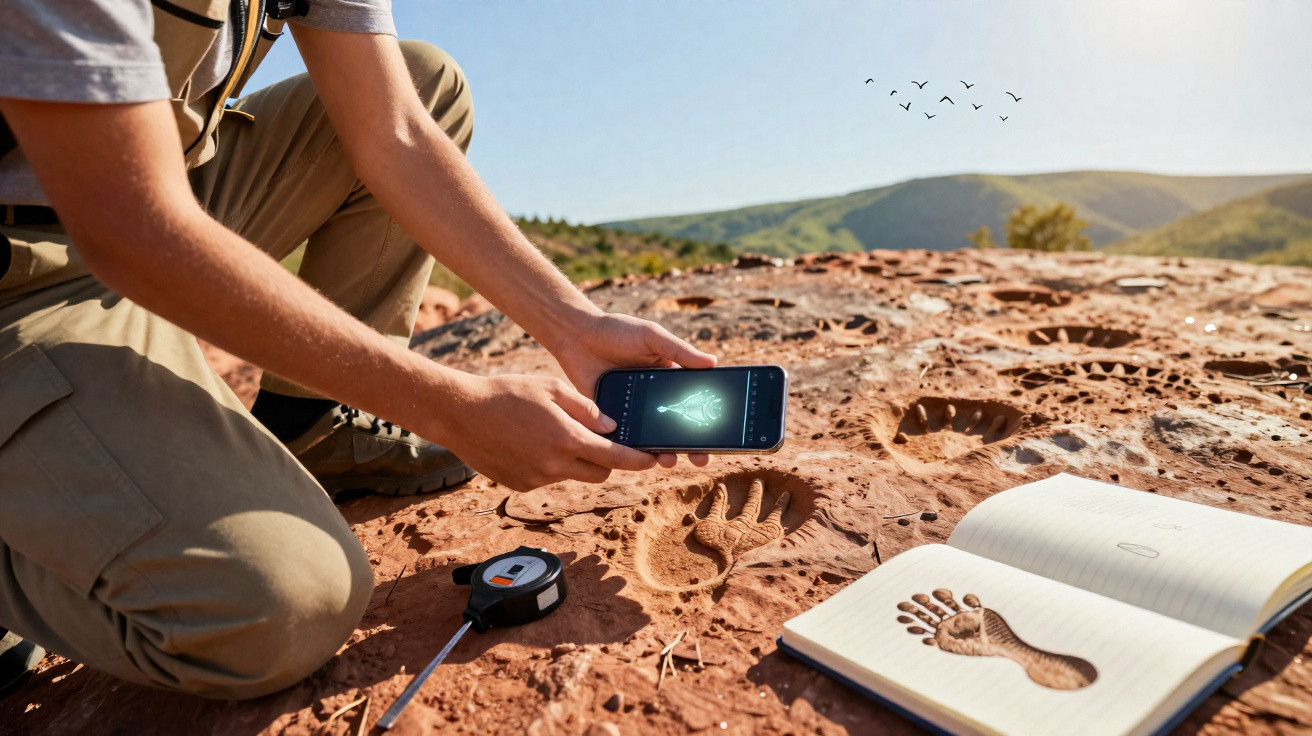 Pessoa a fotografar pegada fossilizada na rocha com caderno aberto e fita métrica ao lado, ao ar livre.