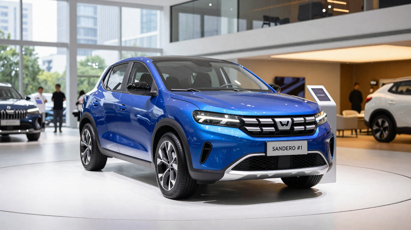 Carro azul Dacia Sandero apresentado num salão automóvel moderno com pessoas e outros veículos ao fundo.