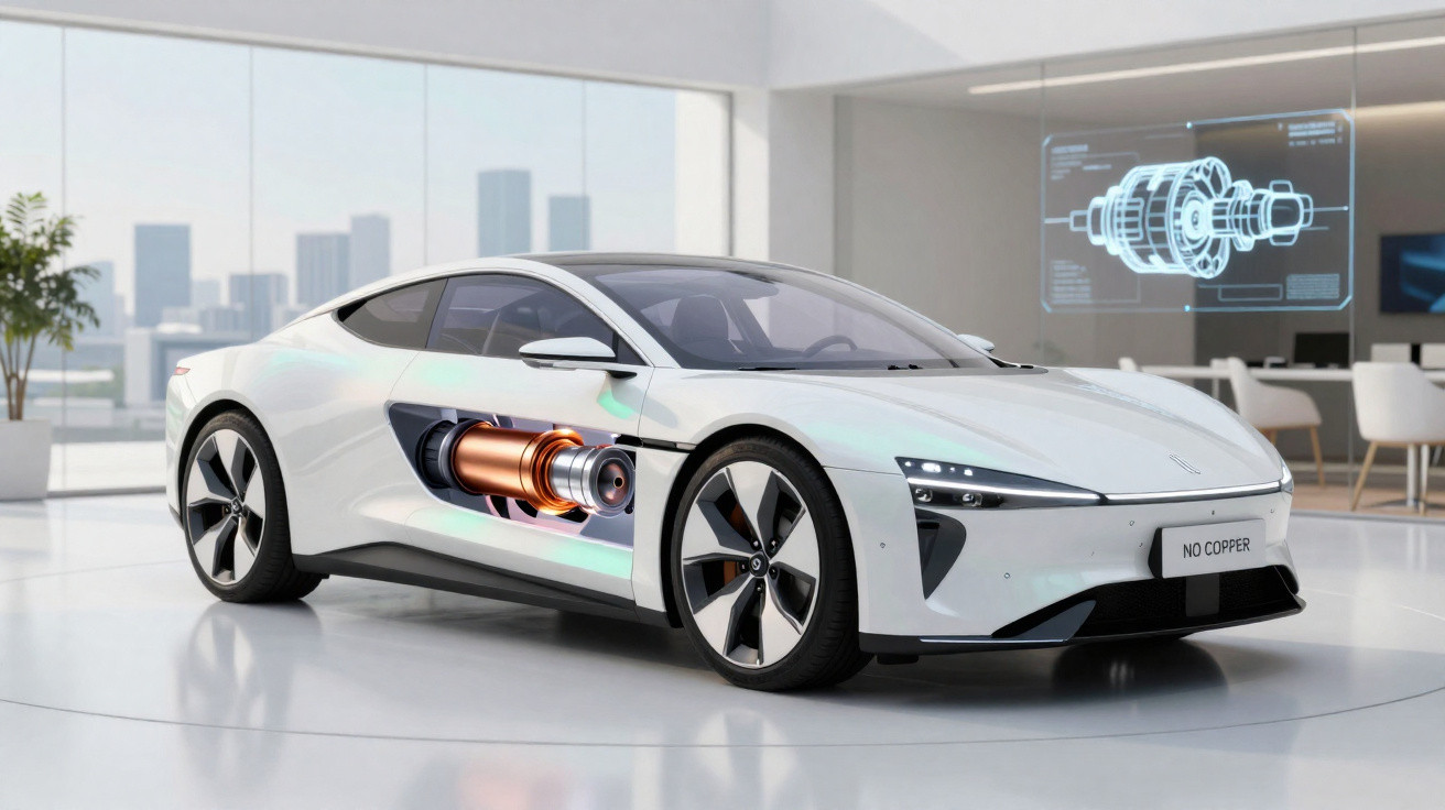 Carro elétrico branco numa exposição com ilustração do motor elétrico visível na lateral.