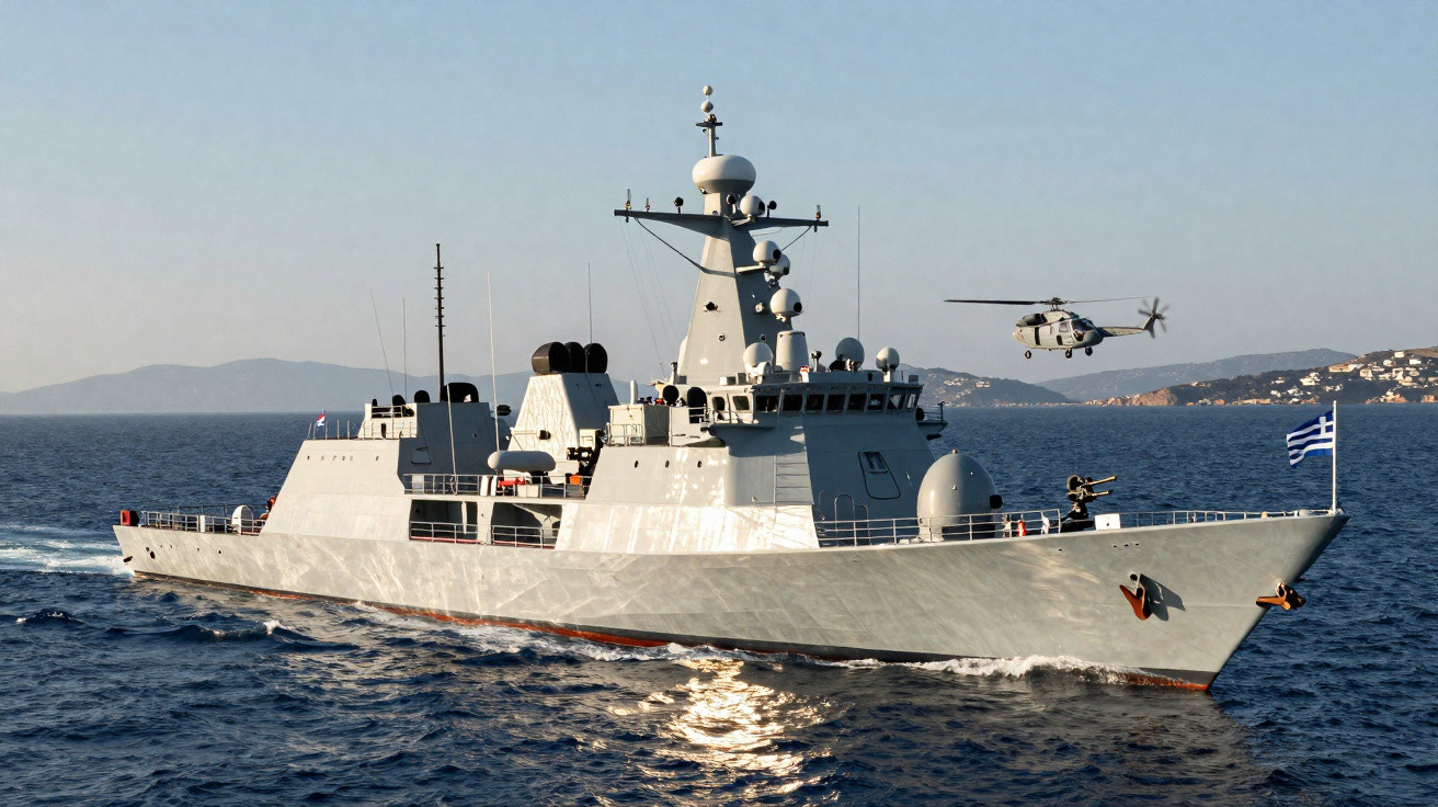 Navio militar cinzento com bandeira da Grécia navega em mar calmo sob helicóptero a voar próximo.