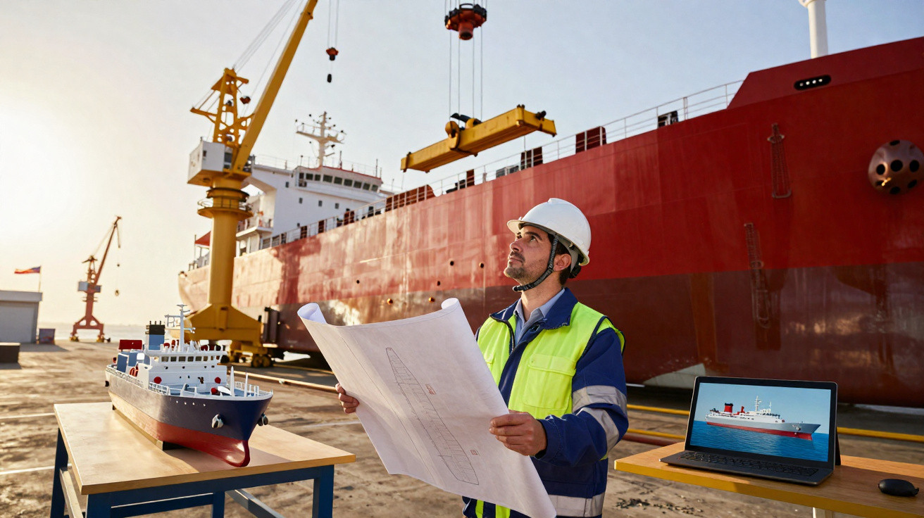Homem com capacete e colete refletor analisa planta ao lado de modelo e laptop com imagem de navio num porto.