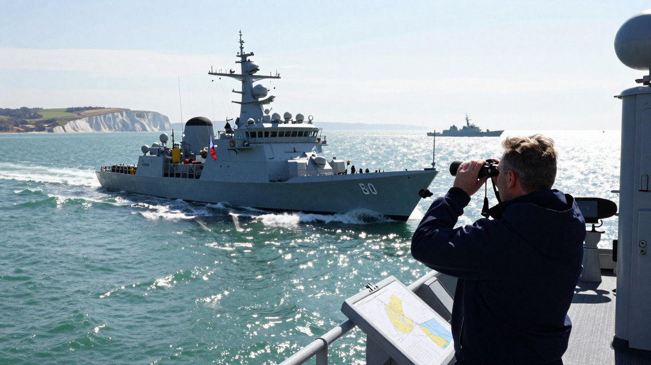 Homem a observar com binóculos navio militar no mar perto de costa com falésia ao fundo.