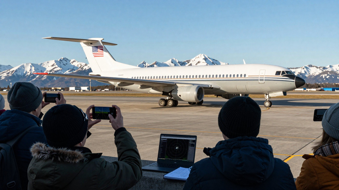 Quatro pessoas tiram fotos e observam um avião branco com bandeira dos EUA numa pista junto a montanhas nevadas.
