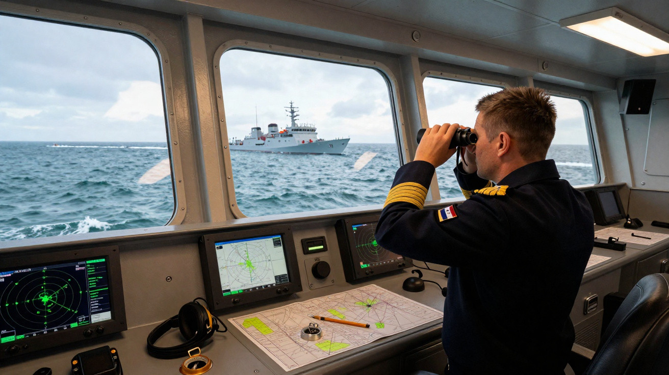Marinheiro com binóculos observa navio militar no mar a partir da ponte de comando com radar e mapas.