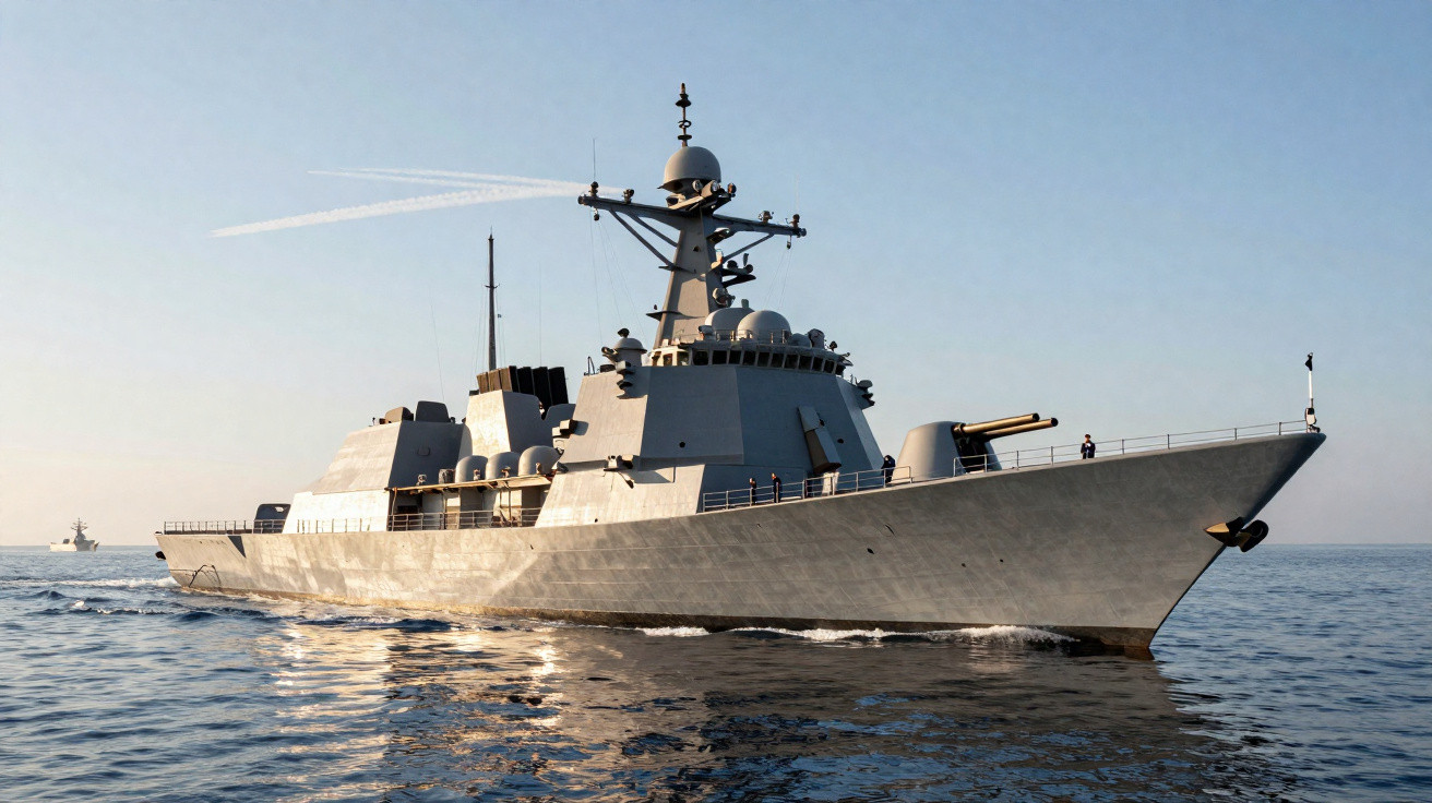 Navio de guerra cinzento navegando em mar calmo sob céu limpo ao amanhecer.