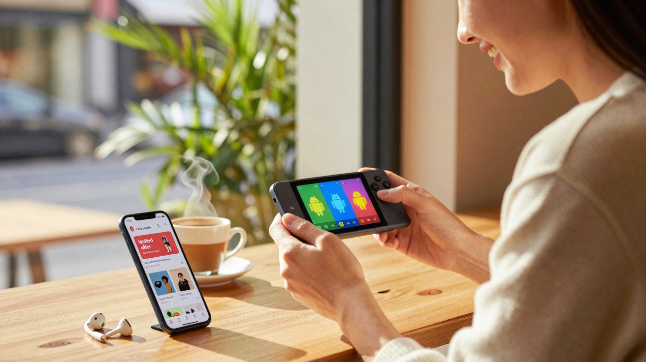 Pessoa a jogar num dispositivo portátil enquanto ao lado tem um smartphone com ecrã de aplicações aberto e uma chávena de caf