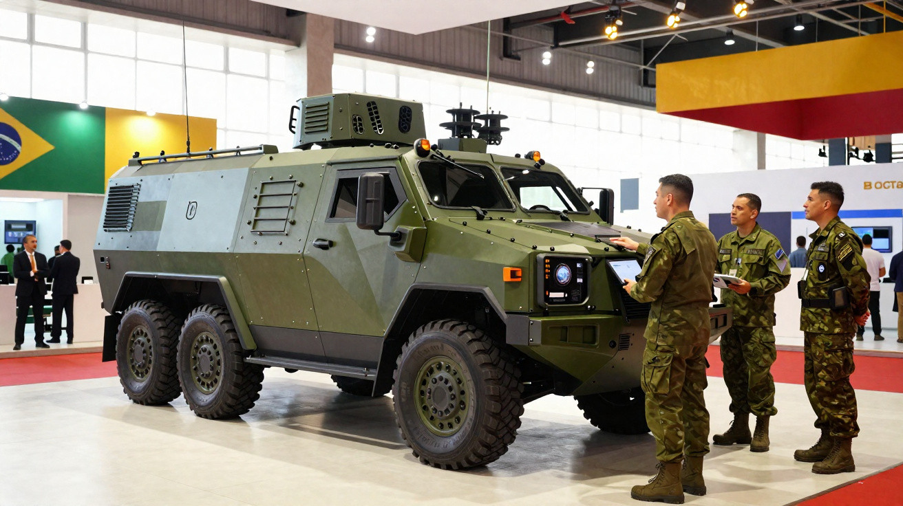 Veículo militar blindado de seis rodas exibido em salão com quatro soldados junto.