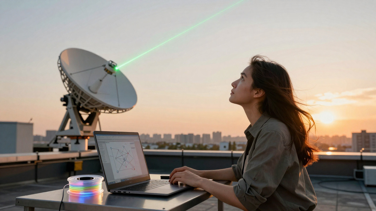 Mulher sentada no terraço ao entardecer com portátil e antena parabólica a emitir laser verde.