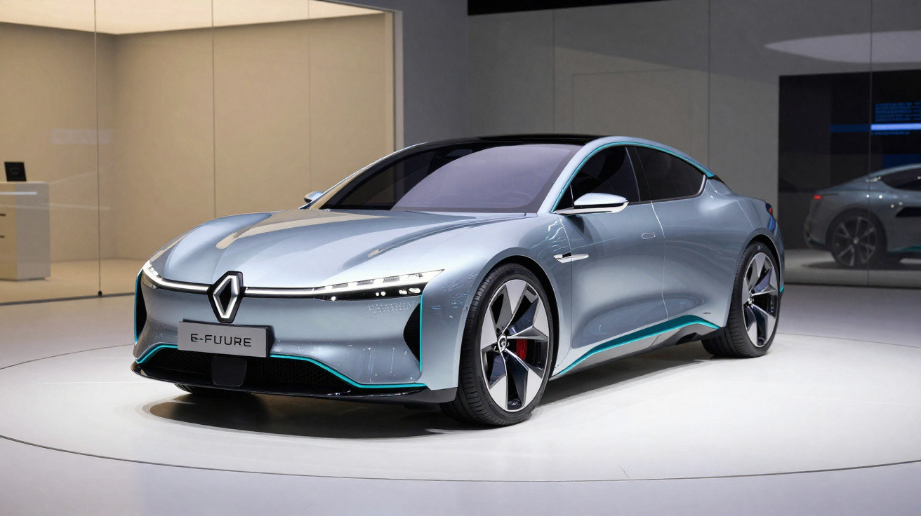 Carro elétrico Renault E-FUURE cinza prateado em exposição numa sala moderna com chão branco circular.