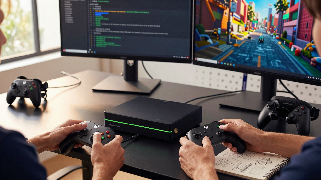 Duas pessoas jogam videojogos com comandos ao lado de uma consola e dois ecrãs num ambiente de escritório.
