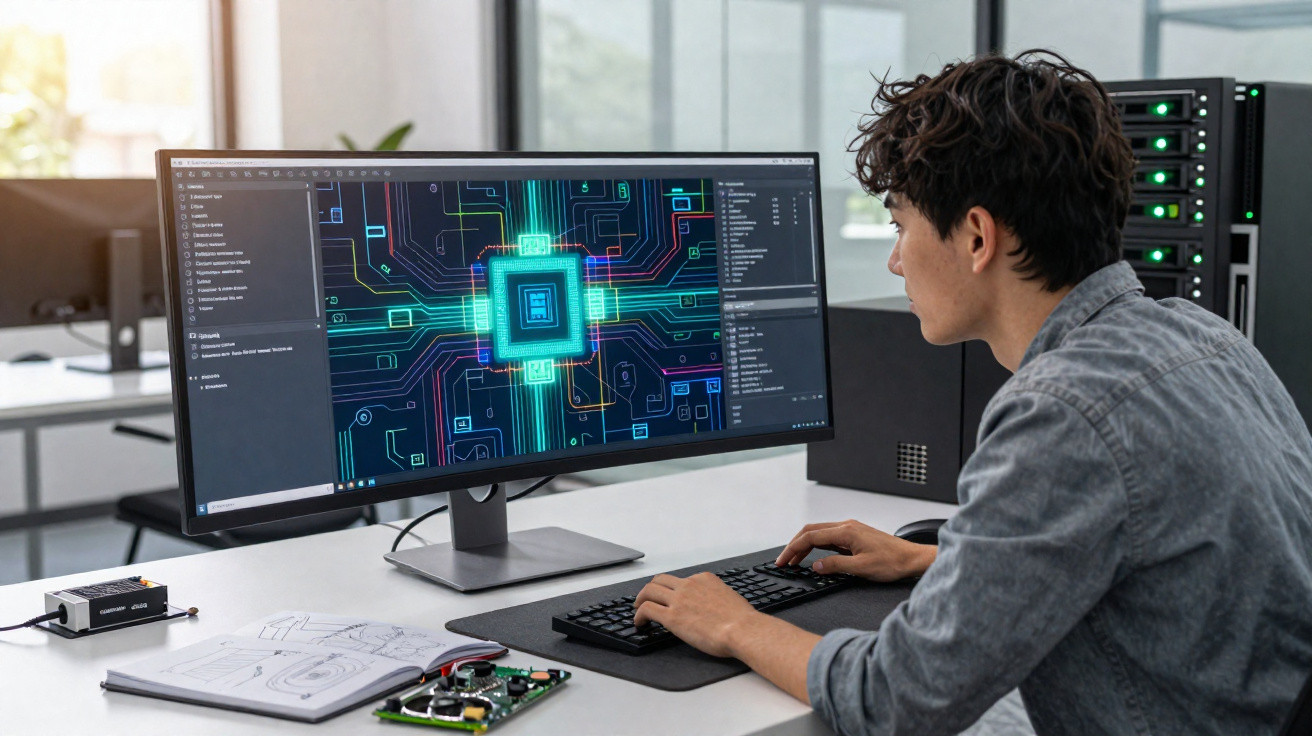 Homem jovem a trabalhar num computador com imagem de circuito eletrónico no ecrã numa sala moderna.