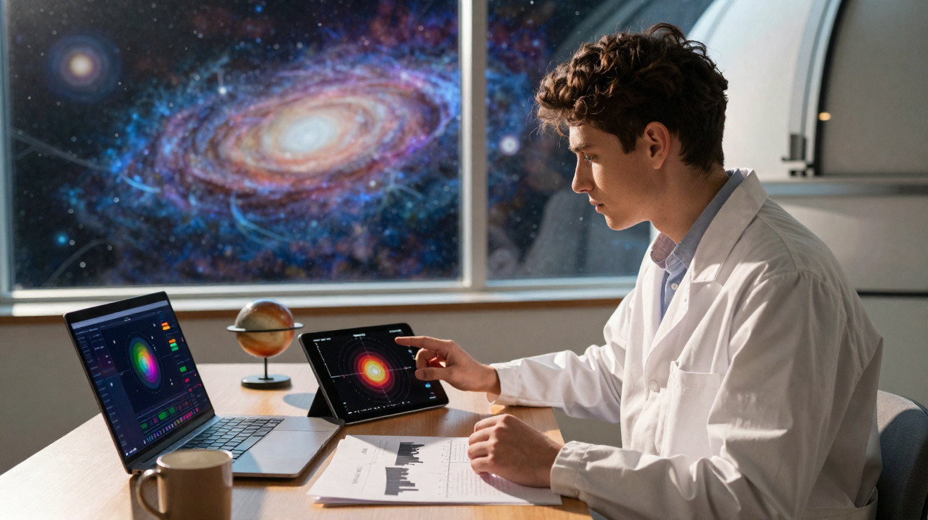 Homem em bata branca analisa gráficos e dados cósmicos em computador e tablet com galáxia visível através da janela.