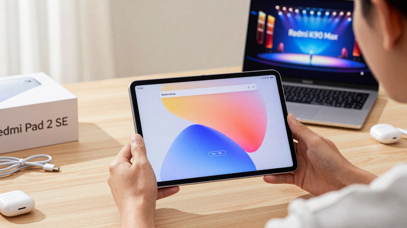 Pessoa segurando um tablet Redmi Pad 2 SE com caixa, carregador e computador portátil ao fundo.
