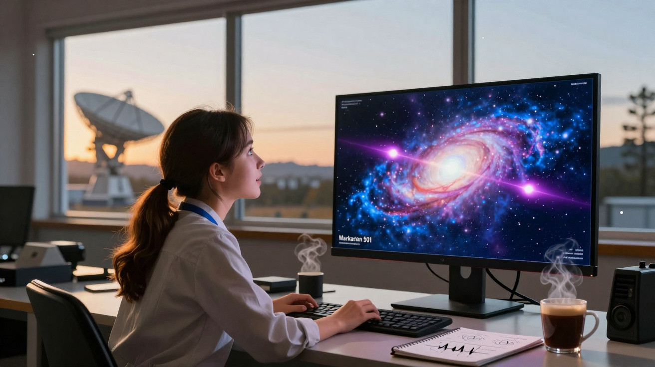 Mulher a observar imagem de galáxia no ecrã de computador numa sala com antena parabólica ao fundo.