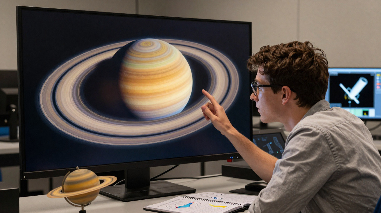 Jovem estuda modelo de Saturno no computador com maquete do planeta na mesa de trabalho.