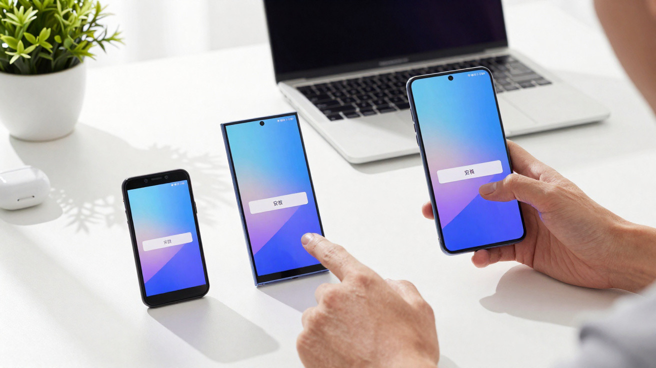 Pessoa a interagir com três smartphones de diferentes tamanhos numa mesa com computador portátil e planta.