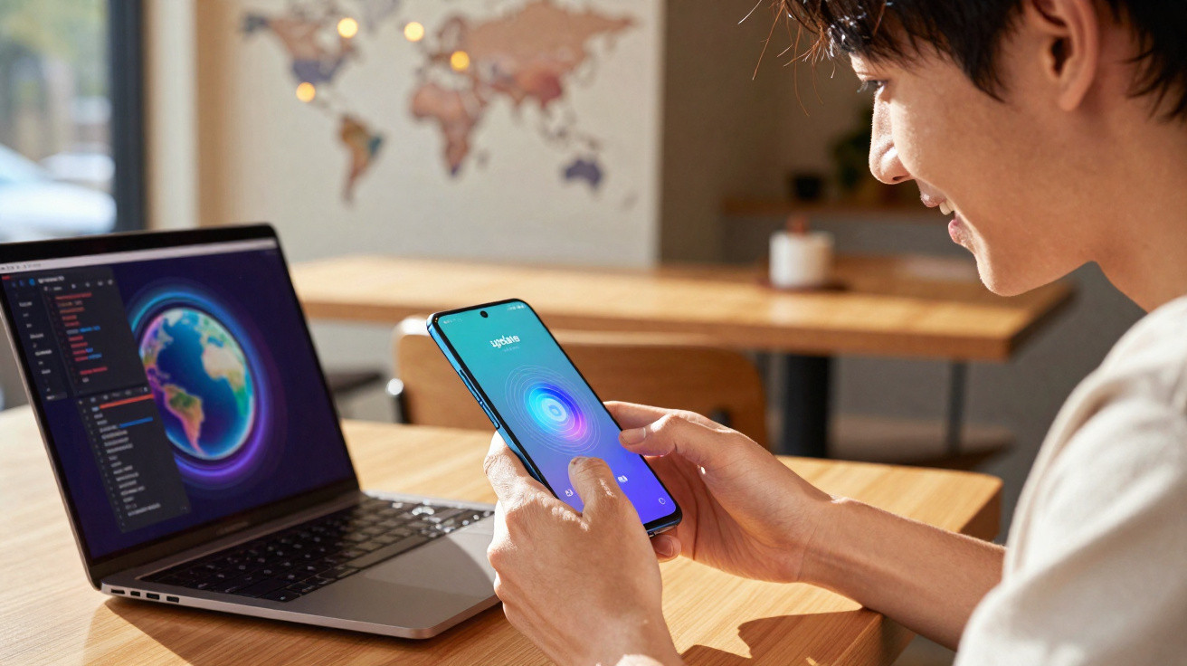Jovem a usar smartphone com ecrã azul e computador portátil com imagem da Terra numa mesa de madeira.