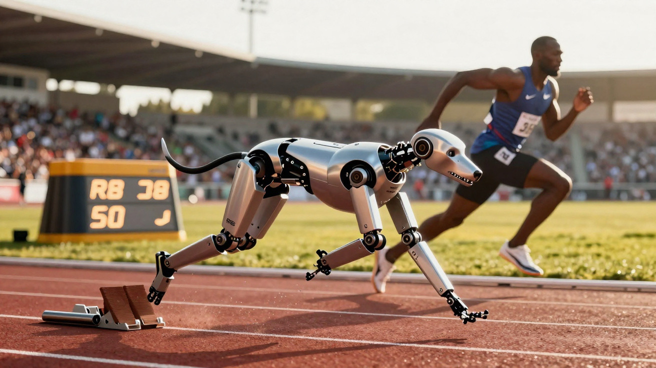 Cão robótico e corredor a competir numa pista de atletismo num estádio com público ao fundo.