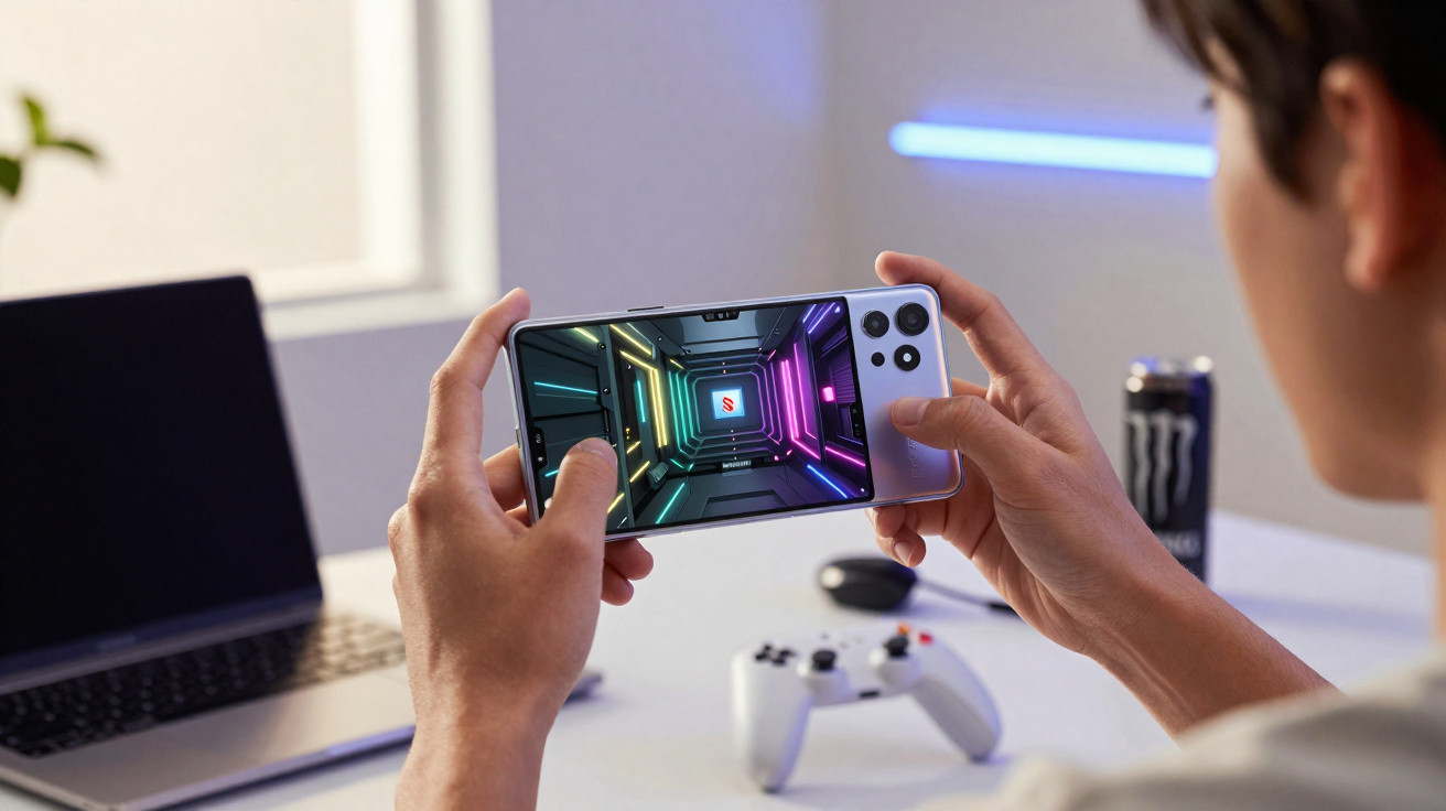 Pessoa joga num smartphone com um jogo colorido; ao fundo há um portátil, comando e lata de bebida.