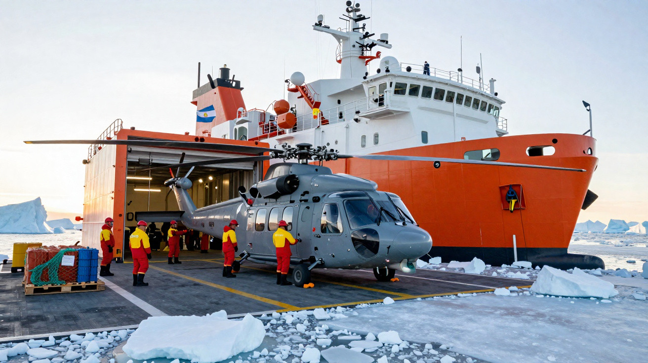Equipamento e equipa numa embarcação polar laranja com helicóptero em convés congelado com blocos de gelo.