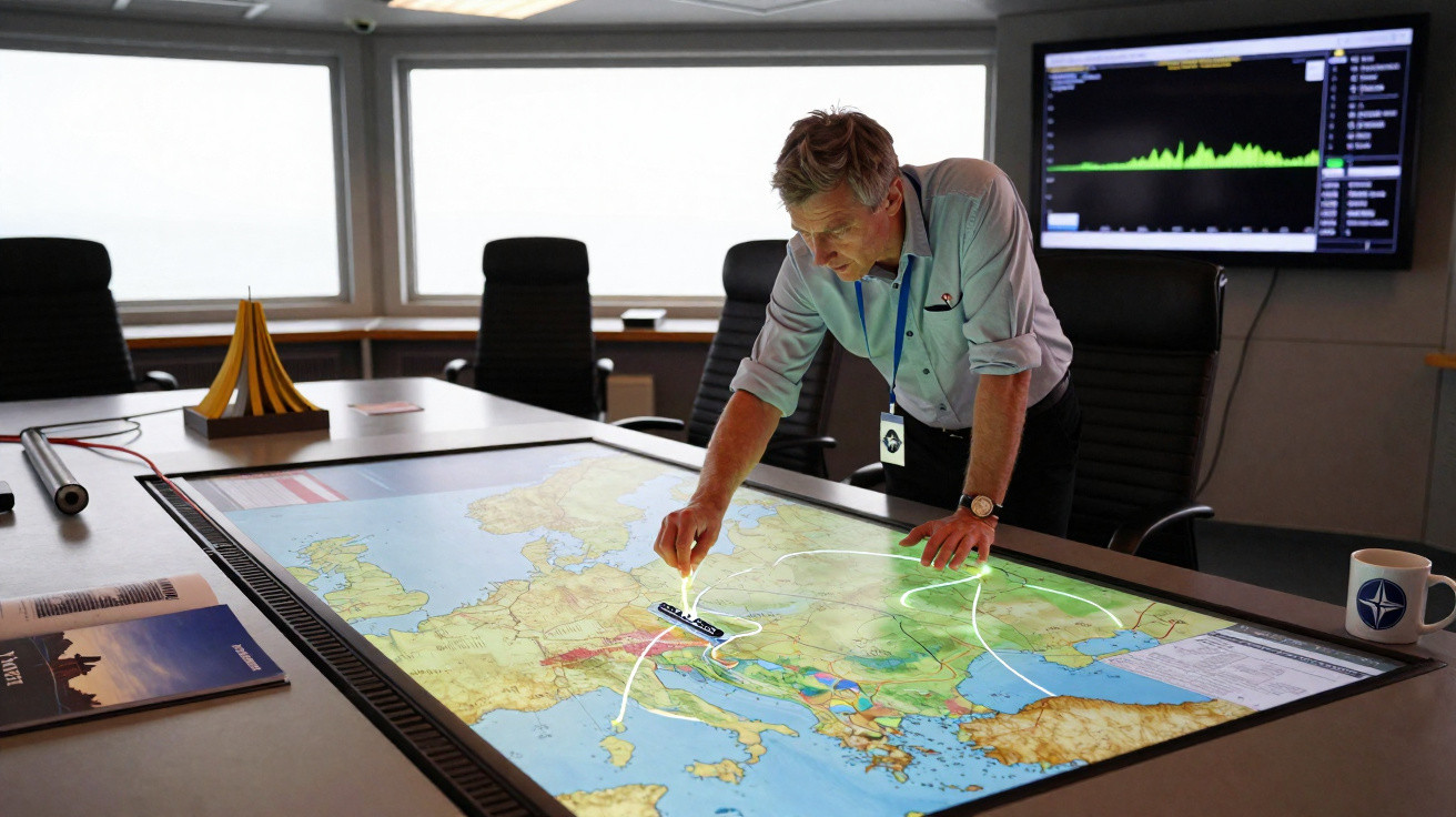 Homem analisa mapa digital interativo com rotas navais numa sala de controlo moderna.