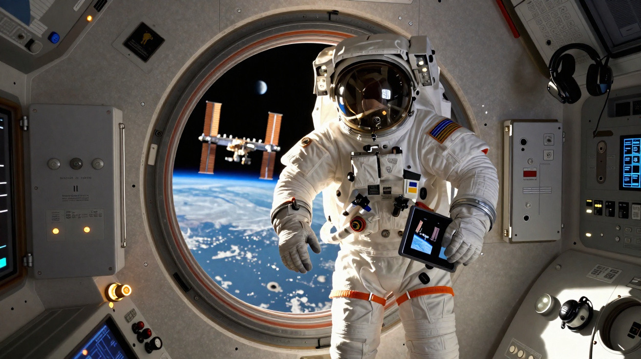 Astronauta em rigor espacial dentro de estação espacial com vista para a Terra e a Estação Espacial Internacional.