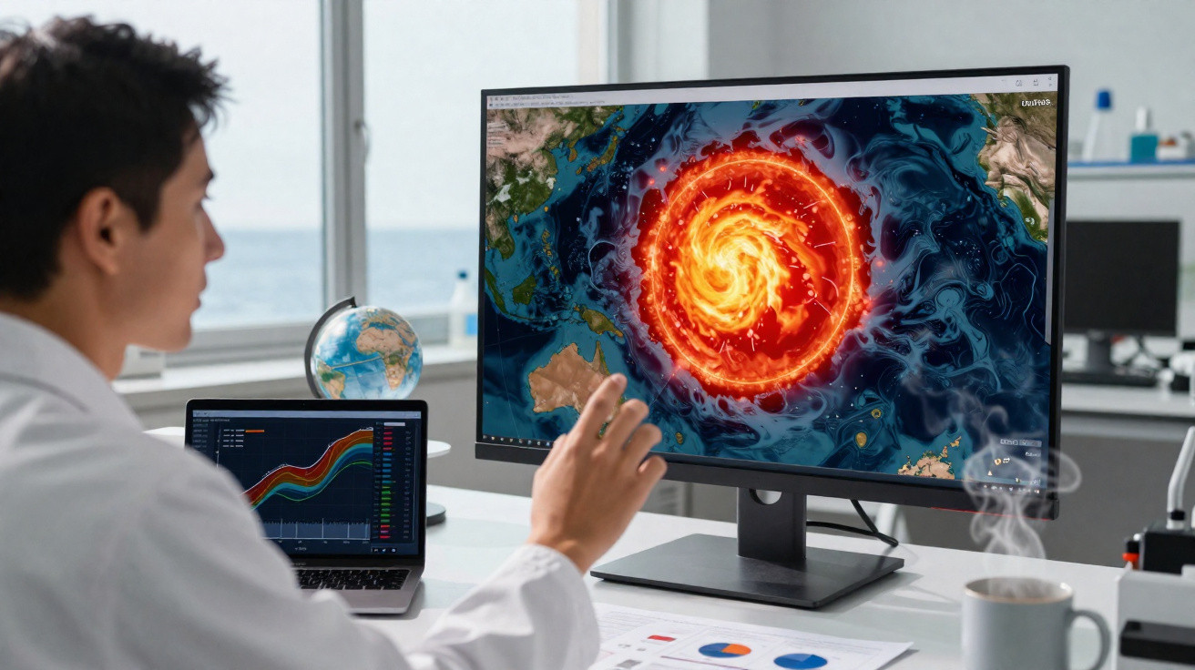 Pessoa a analisar no ecrã grande um fenómeno natural em forma de espiral vermelha sobre um mapa do Oceano Pacífico.