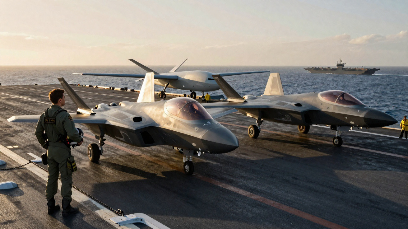 Duas aeronaves de combate e um drone no convés de um porta-aviões ao pôr do sol, com um militar em pé.