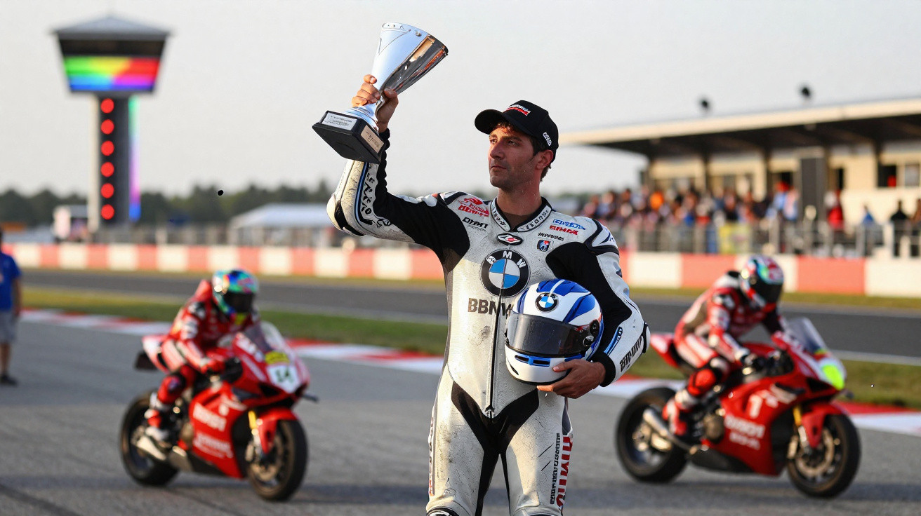 Piloto de moto segura troféu e capacete numa pista de corrida com motas vermelhas ao fundo.