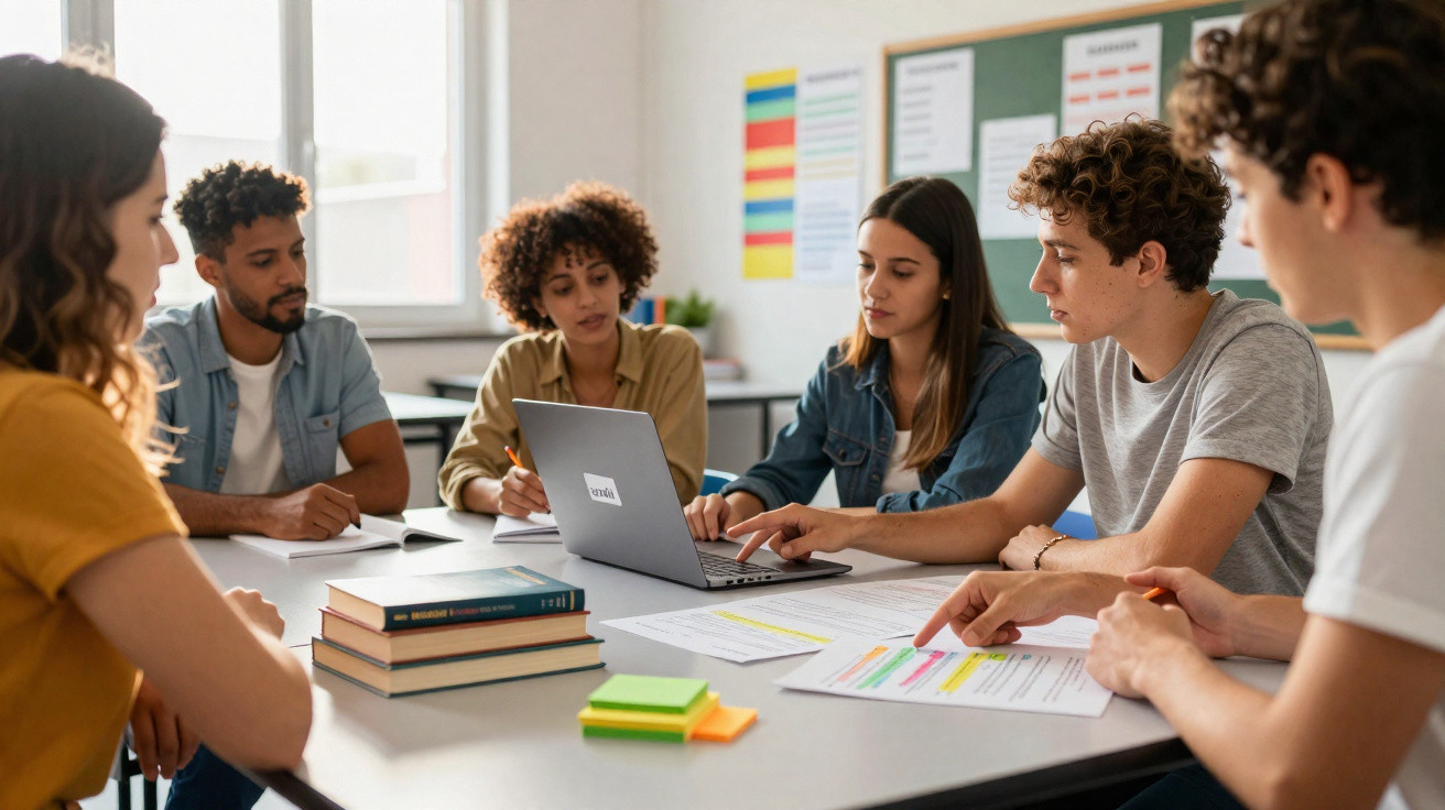 Grupo de estudantes em discussão enquanto consultam laptop e documentos numa sala de aula.