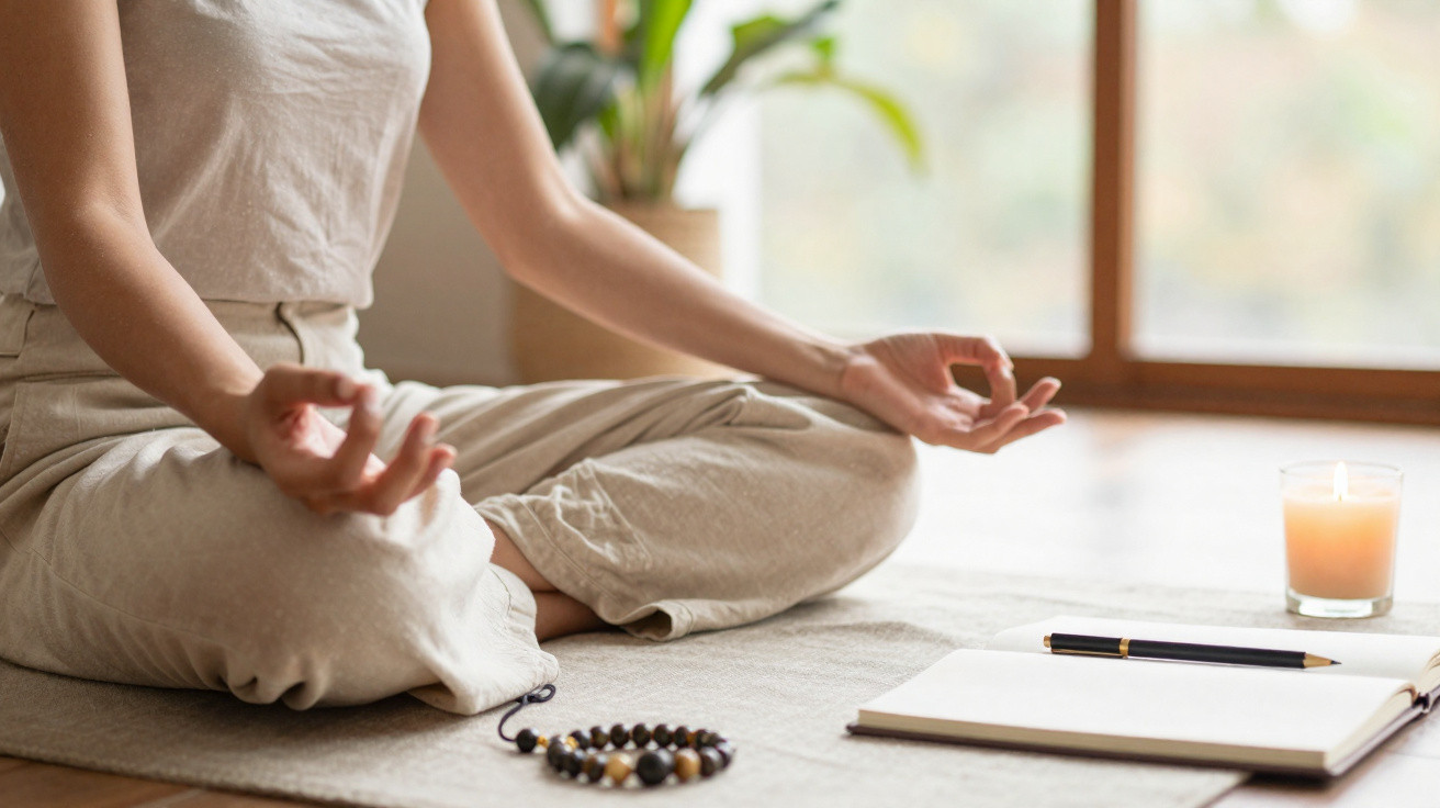 Pessoa sentada em posição de meditação com vela e caderno à frente num ambiente tranquilo.