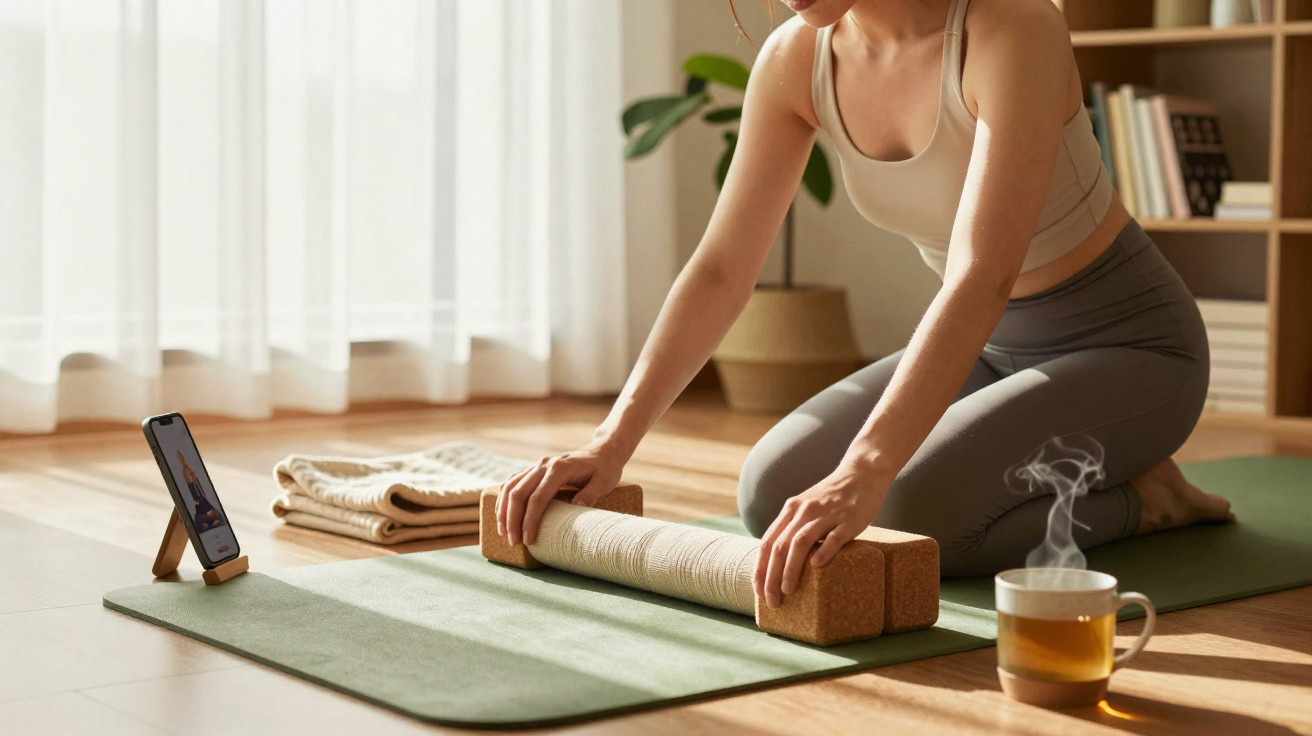 Mulher a enrolar tapete de yoga em sala iluminada com chá quente e telemóvel apoiado no chão.