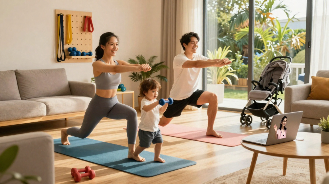 Família a fazer exercício físico em casa com treino online, mãe, pai e filho com pesos em tapetes de yoga.