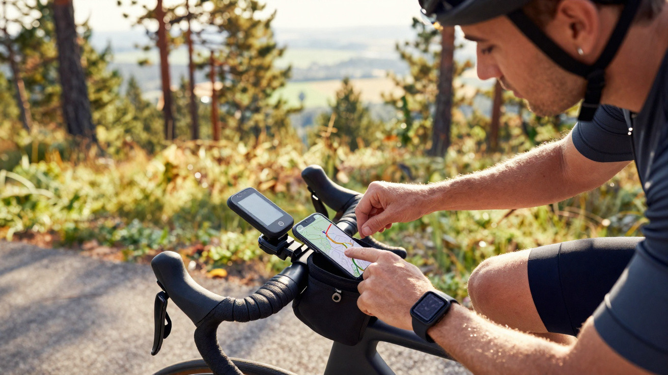 Ciclista a consultar rota num smartphone na bicicleta, rodeado por paisagem natural com árvores e campo.